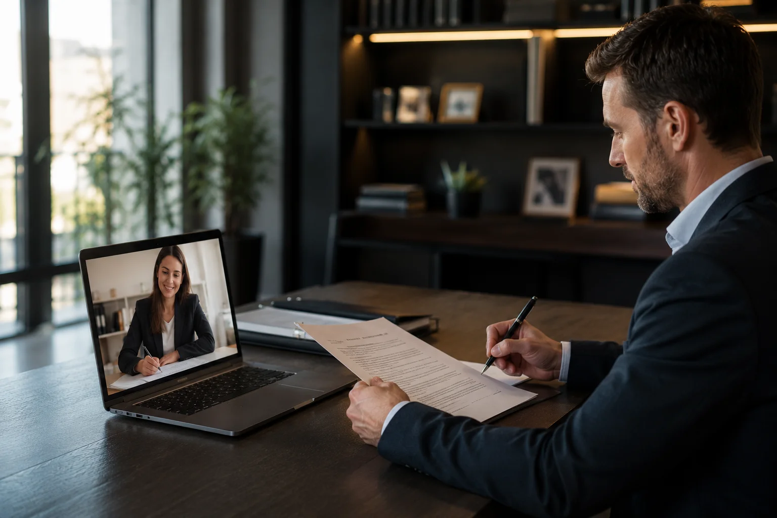 Man in a suit holding a document and a pen at a desk, a woman on a video call on the laptop screen beside him