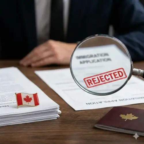 A magnifying glass over a paper headed Immigration Application with a red Rejected stamp, beside a passport and a Canadian flag pin
