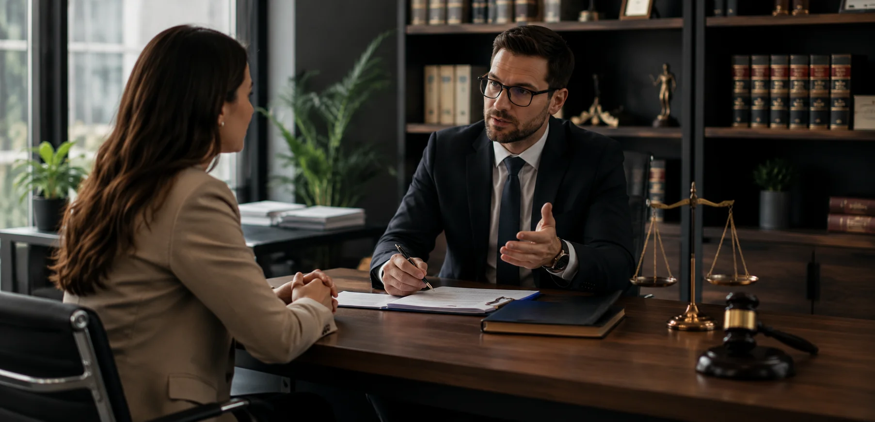 Man in glasses and a dark suit speaking with a woman across a wooden desk, a brass scale and a gavel beside his papers
